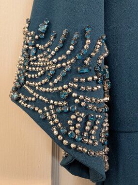 Beaded 3/4 sleeve stretch crepe column dress teal